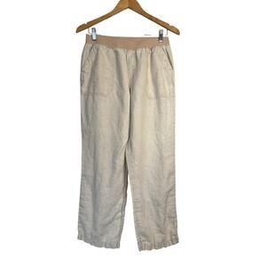 Coldwater Creek Women's Ribbed Knit Waistband Linen Pants Size 10 Petite Cream